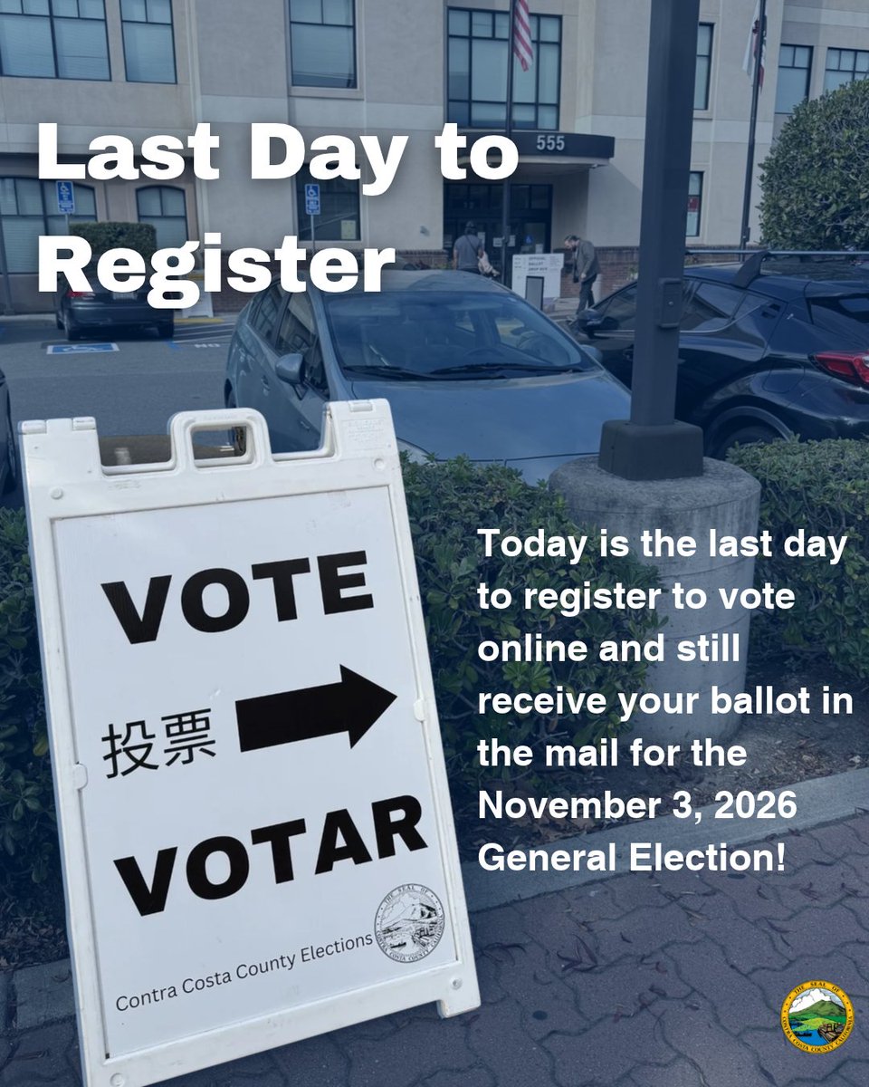 cocoelections's tweet photo. Today, October 19th, is the last day to register to vote for the November 3rd, 2026 General Election. Register easily online and receive a ballot in the mail.
Don’t waste another minute--go to https://t.co/dkA3NGSD3M. #CoCoVote #TrustedInfo2026 #Elections https://t.co/98eu08O3pd