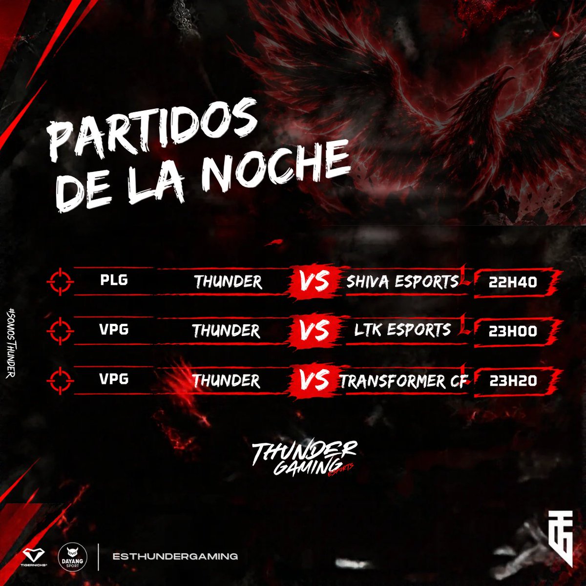 EsThundergaming's tweet photo. 🌑🔥 ¡NOCHE DE PARTIDOS! 🔥🌑

🎯 HOY TENEMOS 3 ENFRENTAMIENTOS:

🔴 @PLG_Spain 🆚 @ShivaeSports_  22H40
🔴 @VPG_Spain torneo  🆚 @LTKESPORTS__   23H00
🔴 @VPG_Spain torneo🆚 @transformers_cf  23H20

💥 Tres batallas. Un solo objetivo: ¡DEMOSTRAR EL PODER DEL THUNDER! ⚡

🔥 ¡Vamos con todo, equipo! 🖤❤️

#ThunderGaming #Esports #PartidosDeLaNoche #GamingCommunity #THUNDER⚡