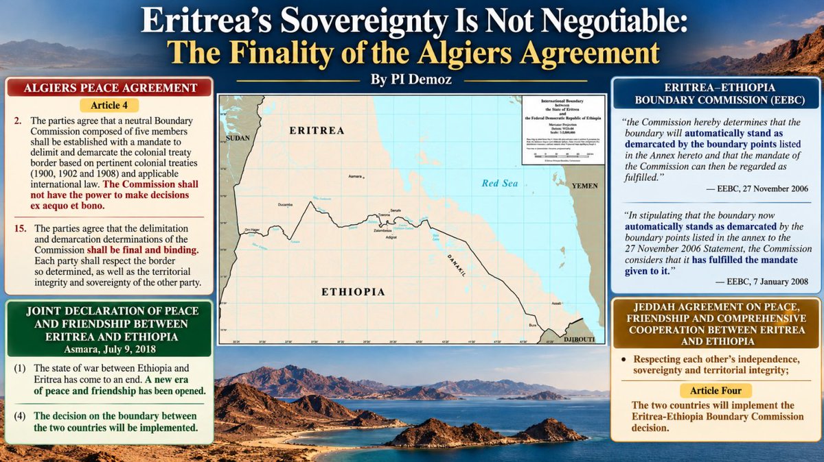 RedSeaBeacon's tweet photo. ERITREA’S SOVEREIGNTY IS NOT NEGOTIABLE: THE FINALITY OF THE ALGIERS AGREEMENT AND THE CASE FOR ANTICIPATORY SELF-DEFENCE UNDER THE UN CHARTER
When threats become an existential danger, international law must not be reduced to a demand that the threatened state wait to be attacked
By PI Demoz

Eritrea’s sovereignty, territorial integrity, and independence are not bargaining chips. Ethiopia’s strategic ambitions and desire for Red Sea access cannot override international law or reopen territorial questions already settled through binding international agreements.
The central issue is twofold: whether Ethiopia can lawfully challenge Eritrea’s sovereignty over Assab, and whether credible evidence of an imminent armed attack could justify anticipatory self-defence under Article 51 of the United Nations Charter.
… The United Nations Security Council must treat credible threats against Eritrea’s territorial integrity seriously.
Its responsibility includes examining authenticated evidence, discouraging military escalation, and reinforcing respect for the Algiers Agreement, the EEBC determination, and the 2018 Jeddah commitments.

Read more: https://t.co/pCquA80BKj

#RespectEritreasSovereignty #Enough2PPsWarmongering #AfricanUnion @hawelti @shabait @EmbassyEritrea @hadnetkeleta @SirakBahlbi @Ghidewon @EliasAmare @GhideonMusa @Ternafi @DahlaKib @YehDavid @AlulaFre @KemeyNet @FarahMaalimM @Landofcandoppl @PMEthiopia @MFAEthiopia @MofaSudan @MfaEGYPT @_AfricanUnion @StateDept @AJEnglish @BBCWorld @AFP @TheEconomist @thenation @PressTV @Telegraph @nytimes @UN @Sec_Council @dwnews @tesfanews @TheReporterET @gulf_news @Chinamission2un @franceonu @RussiaUN @UKUN_NewYork @USUN @BahrainMsnNY @ColombiaONU @RDCongoONU @Denmark_UN @GRUN_NY @LatviaUN_NY @LibMissionUN @PakistanUN_NY @panamaonuny @SomaliaatUN