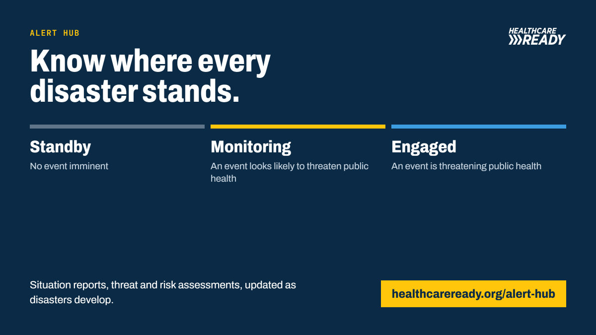 HC_Ready's tweet photo. Did you know our Alert Hub helps patients, providers, government officials, and emergency managers stay informed during an active disaster!? That means no digging through dozens of sources and giving you situation reports, threat, and risk assessment updates for active disasters as they develop, all in one place. 
Learn more: https://t.co/yZjMvYiO6w