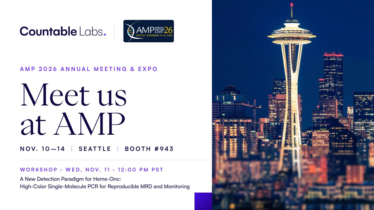 countablelabs's tweet photo. Meet Countable Labs at #AMP2026! 🔬

Discover single-molecule #PCR for BCR::ABL1, KMT2A, NPM1 &amp; methylation at Booth #943.

📊 4 posters
🤝 Live demos
🎤 Workshop with @fredhutch, @UTMDAnderson &amp; HematoLogics

Learn more: https://t.co/JDQpn9aJtM 

@AMPath https://t.co/IBZE6AKdjO