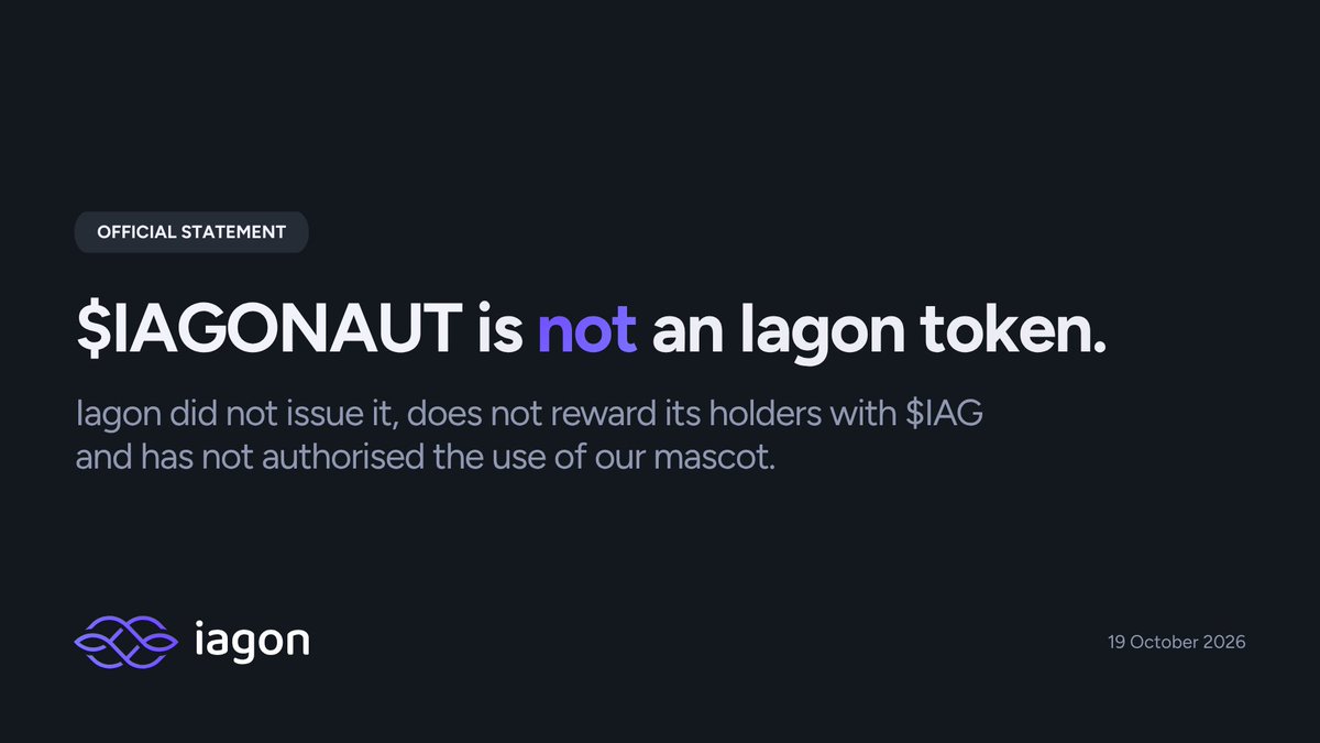 IagonOfficial's tweet photo. Statement regarding the IAGONAUT token

The IAGONAUT token (policy ID: 4849e0d9e18061861a88acea1df431b3e39cdf65dfeee22ba024315b) is not issued, endorsed or affiliated with Iagon.

Iagon does not pay $IAG or any other reward to IAGONAUT holders. Claims to the contrary do not come from Iagon. Holding IAGONAUT gives no rights in Iagon and has no relation to the value of $IAG.

The “Iagonaut” account on X is not operated by Iagon.

Iagonaut is the Iagon mascot and our registered or pending trademark.
It is used here without our permission. We reserve all rights.

IAG is the only token issued by Iagon.
IAG policy ID: 5d16cc1a177b5d9ba9cfa9793b07e60f1fb70fea1f8aef064415d114.

Official announcements are made only on official Iagon pages. Please be careful. DYOR.