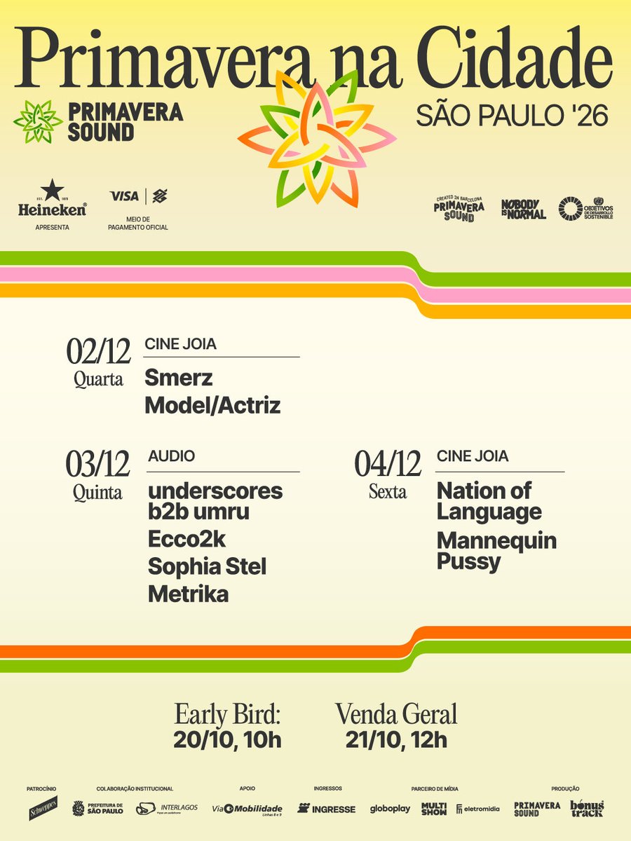 PsSaopaulo's tweet photo. a espera acabou! vocês pediram muito e vai ter Primavera na Cidade, sim. confira o line up completo e já se organiza para não ficar de fora 💐​

🌸Datas importantes:
Terça-feira (20/10), a partir de 10h:
Early Bird: retirada gratuita de ingressos para quem comprou o Primavera Pass. . Disponível por 24h (de terça para quarta) ou até esgotar o lote.

Quarta-feira (21/10), a partir de 12h:
Vendas Gerais: venda de ingressos para todos os públicos através da Ingresse

Primavera Sound São Paulo 2026
🗓️ 5-6 de dezembro
📍Autódromo de Interlagos 
Ingressos em: https://t.co/JvuEJYdHq3

#PrimaveraSoundSaoPaulo