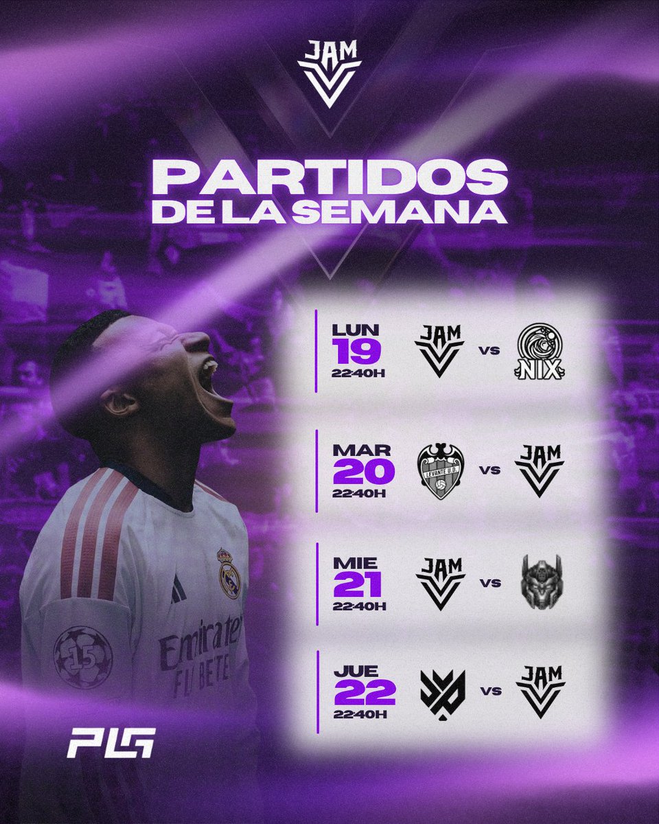 ValkiriasJAM's tweet photo. Ya tenemos menú para esta semana. 👀

⚽ 4 partidos
⚔️ 4 rivales
💜 VKS JAM

Nos vemos en el campo.

#VKSJAM #EAFC #PLG https://t.co/1N6C8kVbed