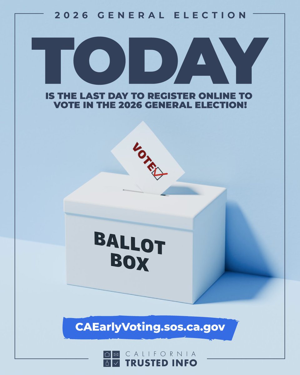 CASOSVote's tweet photo. CA voters: TODAY is the last day to register online to vote in the 2026 General Election! 🗳️ Go to https://t.co/2Jh1Em23MX and make sure your voice is heard this election.

#CATrustedInfo2026 #VoteCalifornia https://t.co/hXAWliqD7p