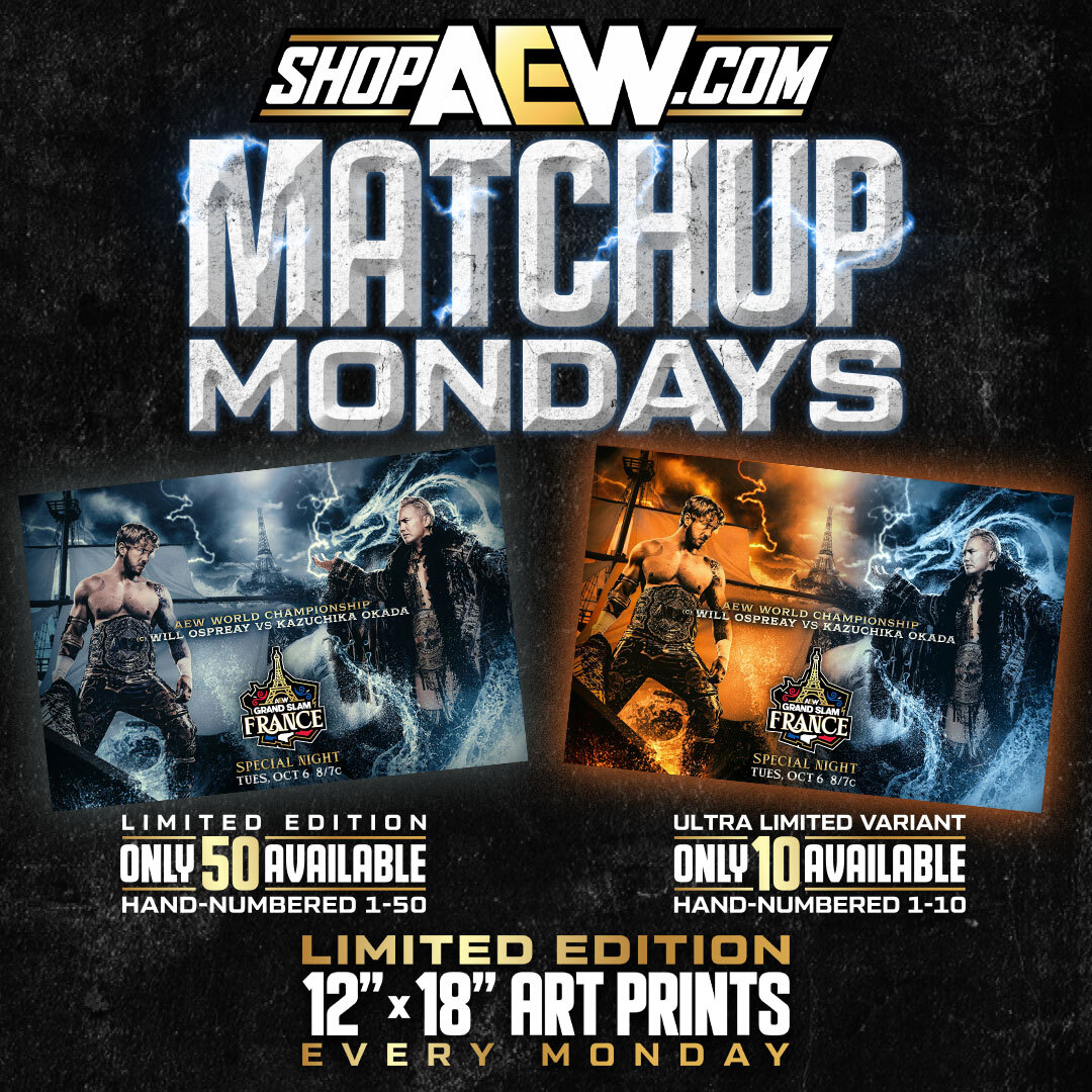ShopAEW's tweet photo. New Matchup Monday! "The Aerial Assassin" @WillOspreay  vs "The Rainmaker" @rainmakerXokada - GRAND SLAM FRANCE 2026 for the AEW World Championship. Hand-numbered 1-50 &amp; an ultra limited variant hand-numbered 1-10. Order now on ShopAEW!
https://t.co/KMiphq09Gt https://t.co/3j2LNdTnee