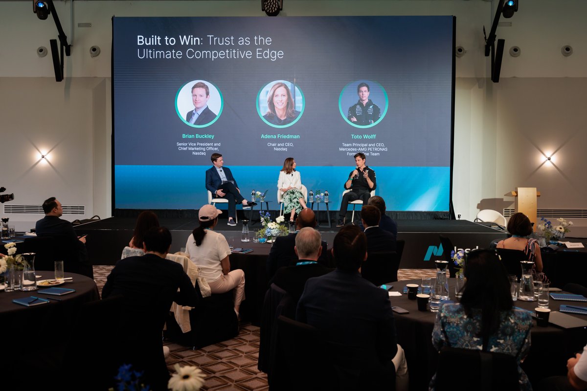 Nasdaq's tweet photo. What does it take to stay ahead in a changing world? 

Against the backdrop of the @F1 Singapore Grand Prix, Nasdaq Chair and CEO @adenatfriedman and @mercedesamgf1 Team Principal and CEO Toto Wolff shared perspectives on leadership, innovation and the drive to keep evolving. https://t.co/aRBvQYVxzk