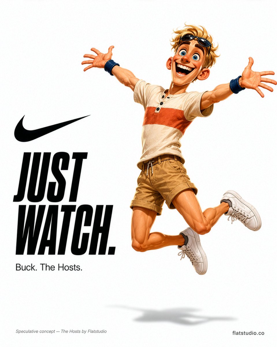 flatstudio_'s tweet photo. What if The Hosts had brand partners?

Buck × Nike. (We couldn't help it.)

Character systems don't just live in social content.
They live in campaigns, on jerseys,
in partnerships that feel inevitable.

This is what IP-ready design unlocks.

Speculative concept by @flatstudio_

Want to build something like this for your brand?
→ https://t.co/x9OssbPKIP

#CharacterDesign #BrandDesign #Flatstudio