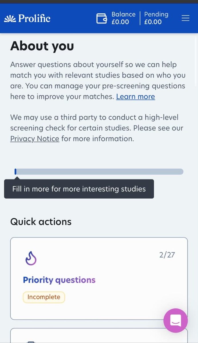 Firstolu's tweet photo. 🚨 PROLIFIC TIP: COMPLETE YOUR “ABOUT YOU” SECTION! 

If you're on Prolific and wondering how to improve your chances of getting matched with studies, don't ignore your About You section!

As shown in the screenshot, Prolific encourages participants to answer more questions to help match them with relevant studies. 

✅ Complete your profile as accurately as possible.
✅ Answer the priority questions.
✅ Fill in the other sections when you have time.
✅ Keep your answers truthful and consistent.

The more information you provide, the better Prolific can match you with studies you're eligible for. However, completing everything does not guarantee more studies, as availability depends on researchers' needs and your eligibility.

⚠️ One important clarification: Filling all of these gets you more task on prolific. But fill the sections gradually not at once so they don't think you are a bot and place your account on hold or ban.

🔥 Don't leave your profile empty and miss out on potentially relevant studies! Head over to your Prolific dashboard and check what's incomplete.

🔗 https://t.co/Q796mICqeP