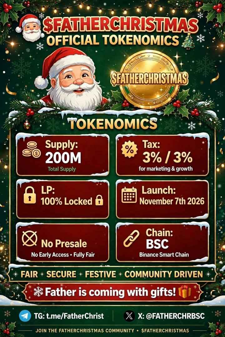 ExcelWinifred's tweet photo. $FATHERCHRISTMAS Tokenomics Revealed!

Supply: 200M
 Tax: 3% / 3% for Marketing & Growth
 LP: 100% Locked
 No Presale - Fully Fair
 Chain: BSC
Launch: November 7th 2026

FAIR • SECURE • FESTIVE • COMMUNITY DRIVEN

Father is coming with gifts! 🎁

TG: https://t.co/pw5QedFIBb
X: @FATHERCHRBSC

$FATHERCHRISTMAS #BSC #ChristmasInJuly