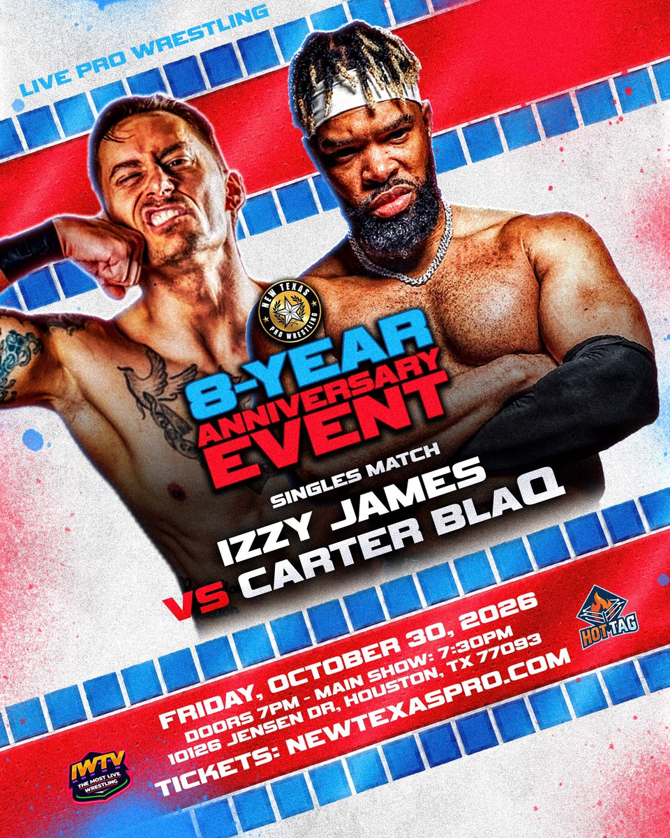 NewTexasPW's tweet photo. ❗️MATCH ANNOUNCEMENT❗️

Singles Match:
@IzzyJames_PW v @The_Carter_Blaq 

Only 2 Front Row Seats Remain!! Less than 75 Seats remain in total for the show! Make sure you grab your tickets before we sell out!! 

Already Announced:

- Orion vs BK
- Kylie vs Kitti 
- DT vs Familia 
+
- Katsuyori Shibata 
- The King Bees
- Oday Al-Saleh 
- Jesse Funaki
- Shimbashi 
+ more TBA 

#NewTexas8 • 10/30 • 7:30PM
10126 Jensen Dr • Houston, TX 

🎟️: https://t.co/jQswDTPhlV