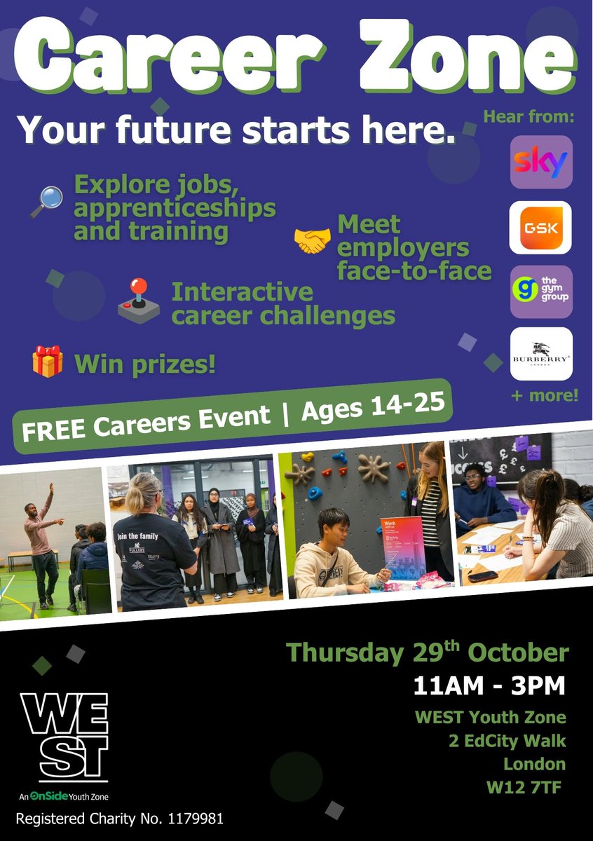 LBHF's tweet photo. WEST Career Zone is back, for young people aged 14-25.

✅ Meet employers, discover job opportunities, apprenticeships, and lots more.

📅 Thursday 29 October, 11am - 3pm
📍 @WESTYouthZone, 2 EdCity Walk, W12 7TF

Sign up: https://t.co/RBZmY4AijF https://t.co/TXx2yXS67w