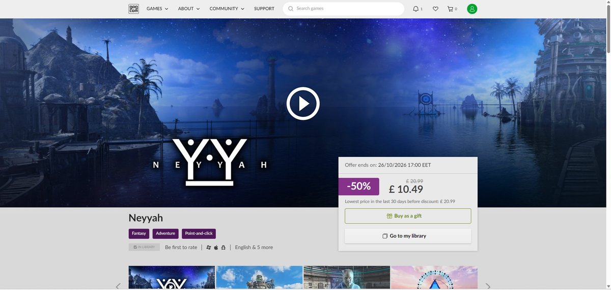NeyyahGame's tweet photo. The portal into Neyyah has now opened on GOG at 50% off! Also available on Mac and Linux over on Steam! (50% off too!) Links below! Oh, and something 'Beyond Neyyah' coming out very soon too! #adventuregame #pointnclickgame #puzzlegame #gameart #retro #gaming #pcgaming #indiedev https://t.co/NS19HP1TPC