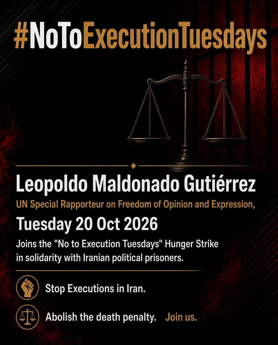 SRfreedex_LMG's tweet photo. I am joining a solidarity action with political prisoners in Iran participating in #NoToExecutionTuesdays. At 12 am Iran time, I'm going to start a 24-hour #hungerstrike #Iran
#stopexecutions #abolishdeathpenalty

The scale of Iran’s use of the death penalty for political reasons is alarming. Amnesty International recorded at least 2,159 executions in 2025, the highest annual figure it has recorded in the country since 1981.

In 2026, at least 34 people have been executed in connection with the January protests, including five in just one week between 30 September and 5 October.

Information I have received also reveals a particularly troubling dimension for my mandate. At least 46 political prisoners and protesters reportedly executed since 19 March 2026: 37 arrested during protests and nine targeted in connection with alleged opposition affiliation. More than 100 others are reportedly on death row. 

Offences such as baghi (armed rebellion), moharebeh (enmity against god) and efsad-e fel-arz (corruption on earth) are being used in cases where protest, political expression and alleged opposition affiliation are intertwined with capital charges. 

History makes these warning signs impossible to ignore. In 1988, around 30,000 political prisoners were executed or forcibly disappeared in one of the darkest chapters of Iran’s recent history. Former UN Special Rapporteur Javaid Rehman subsequently concluded that the summary, arbitrary and extrajudicial executions and enforced disappearances amounted to crimes against humanity.

Iran must immediately halt executions, commute death sentences, review cases that fail to meet fair-trial standards and investigate allegations of torture.

Political opinion, criticism, peaceful protest and association must never become capital offences.