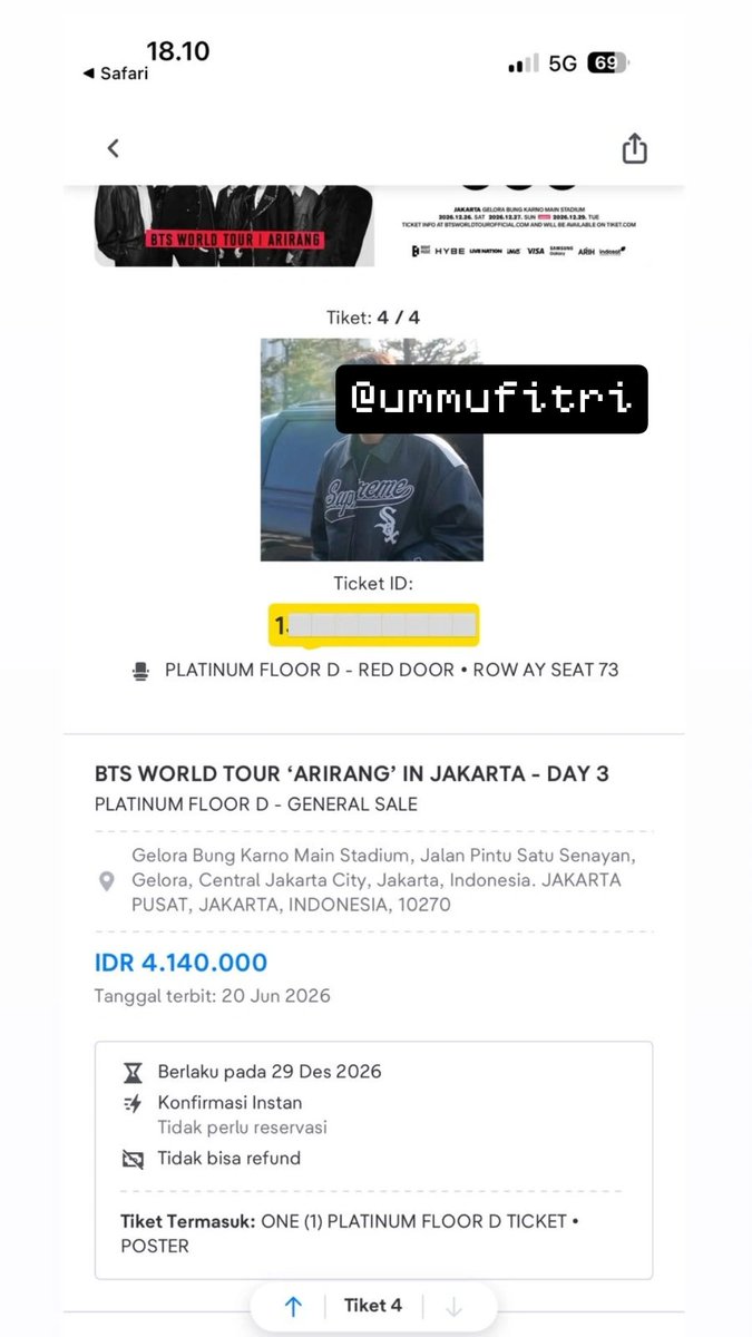 jastiptixjkt's tweet photo. ARIRANG IN JAKARTA

• Platinum Floor A DAY 1
💵 5.900.000  nego smpe jd

✅CICILAN, DP, , SURAT PERJANJIAN MATERAI

t. wtb buy sell tiket jkt bts day 2 vip a c d 2 cat wtt ticket seat number no row day 3 D3 tribune https://t.co/bnC0LCpkfq