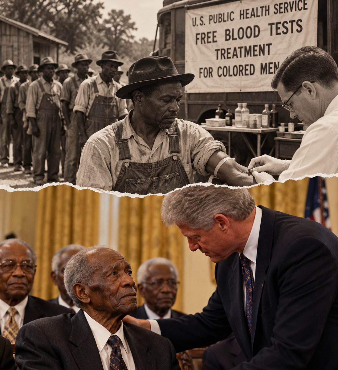 blackJournals01's tweet photo. Charlie Pollard was a farmer in Macon County, Alabama. In the early 1930s he was in a crowd where government doctors were offering free blood tests, so he had one. He was told he had bad blood and should come back.

For four decades he came back. He got rides to the clinic. He got hot meals on clinic days. He got aspirin, tonics, and spinal taps that were described to him as treatment and were actually diagnostic procedures for the study. He was promised burial money.

What he was never given was penicillin, which became the standard cure in the late 1940s and which the study's doctors deliberately kept from him and from about four hundred other Black men, in order to watch untreated syphilis run its full course in the human body.

Nobody ever told him he had syphilis. He said so afterwards, plainly: he did not know what he had.

In July 1972 the Associated Press reporter Jean Heller broke the story, based on information from a public health worker named Peter Buxtun who had spent years trying to get someone to stop it.

Pollard got a phone call from a reporter. That is how he found out.

He went to a lawyer in Tuskegee named Fred Gray — the same Fred Gray who had represented Rosa Parks and Martin Luther King — and Pollard v. United States became the class action. It settled in 1974 for around $10 million and medical care for survivors and their families.

The study had run for forty years. It was stopped by a journalist, not by a doctor, not by a court, not by Congress.

In 1997 the survivors who were still alive were invited to the White House, and President Clinton apologised to them in person. Pollard was among the men in that room. He was in his nineties.

He had walked into a free clinic in the 1930s because somebody offered him a blood test.