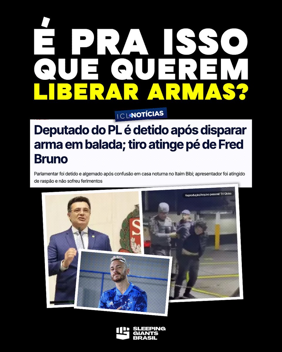 slpng_giants_pt's tweet photo. 📢 O deputado estadual Marcelo Aguiar (PL-SP) foi levado à delegacia na madrugada de 19 de outubro após um disparo de arma de fogo durante uma confusão em uma balada em São Paulo.

Segundo testemunhas, ele estaria importunando mulheres e apresentava sinais de embriaguez.

O tiro atingiu de raspão o pé do apresentador Fred Bruno, da TV Globo, que não se feriu.

A arma e um veículo com placa oficial da Alesp foram apreendidos.

🔗 Fonte: ICL Notícias