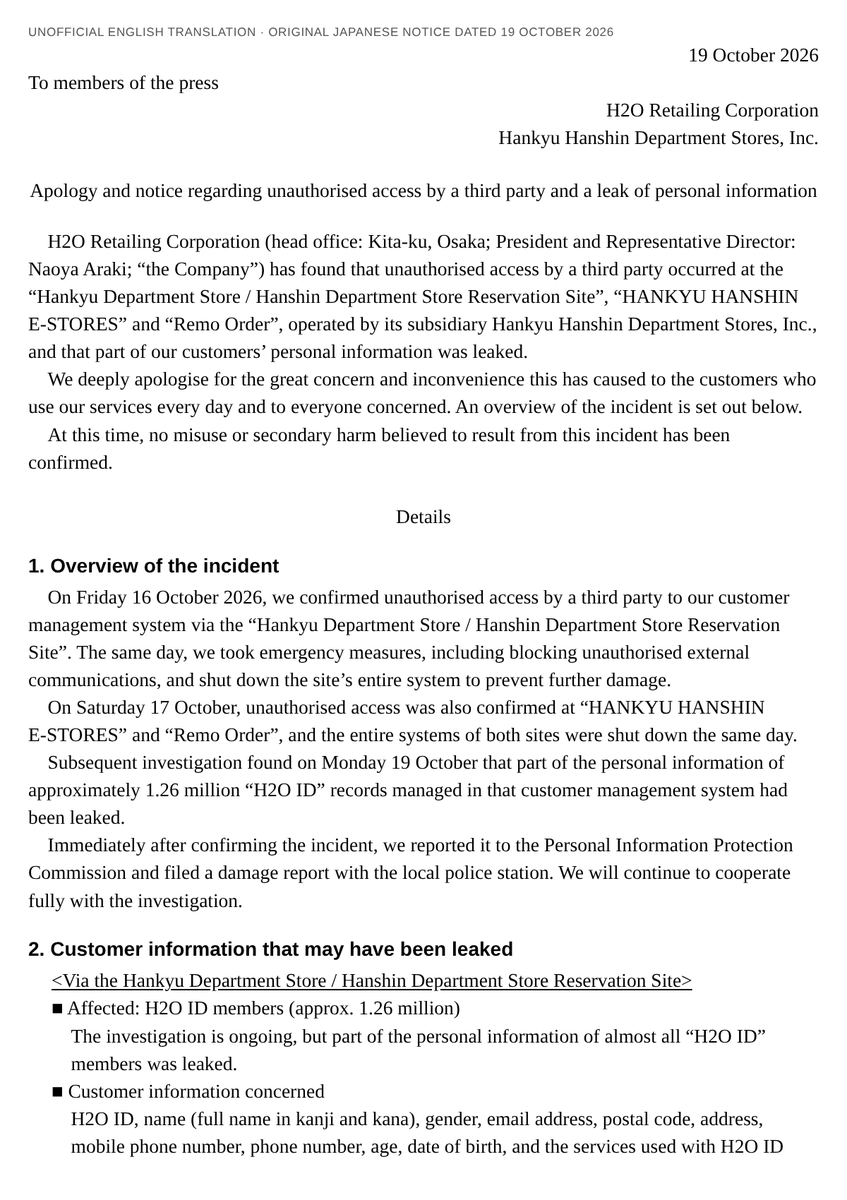 IntCyberDigest's tweet photo. ‼️ BREAKING: Hackers exposed data on 1.26M members of Japan's Hankyu and Hanshin department stores.

They got in through a reservation site and reached the names, addresses and birth dates of nearly every member.

Two shopping sites holding partial card details were also affected https://t.co/3zbeGITIvD