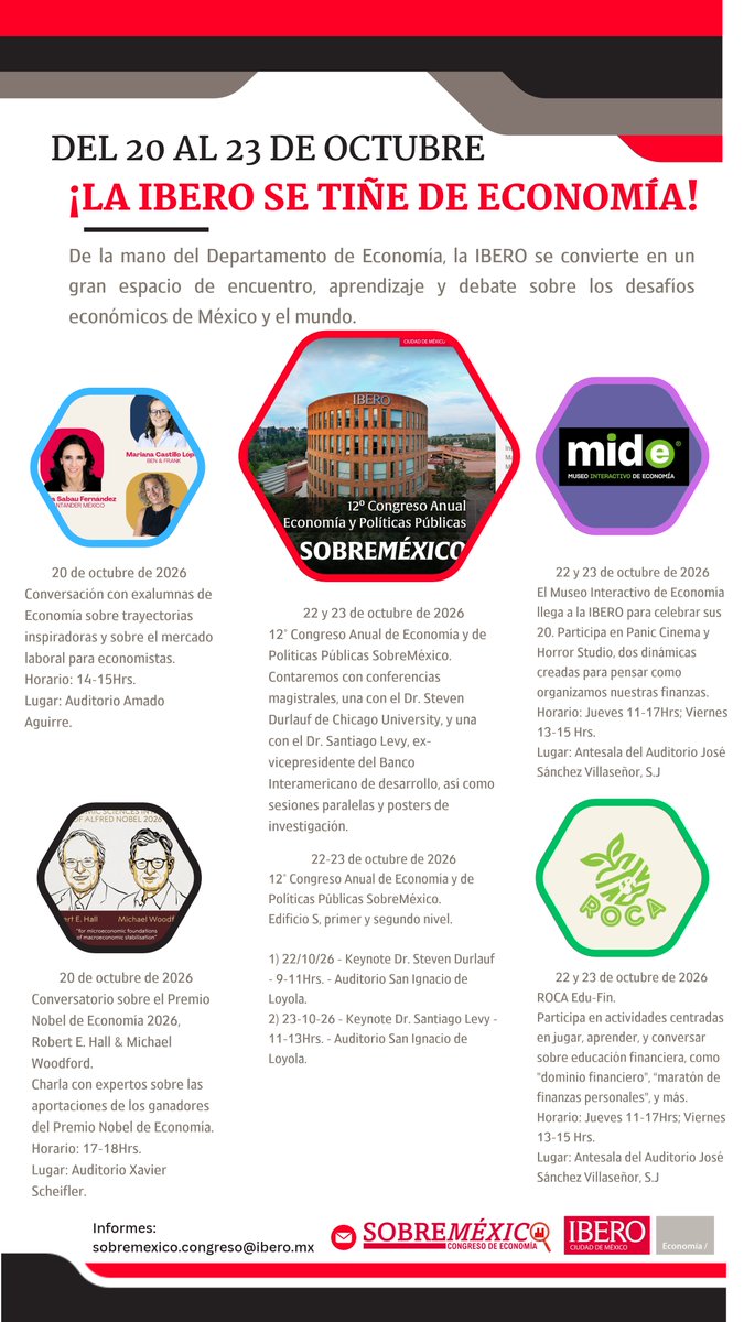 ibero_economia's tweet photo. 🚨Eventos #Economía🚨 

Esta semana está cargada de eventos en la #IBERO

El 20 tendremos un conversatorio con exalumnas y otro sobre los aportes de los nobeles de este año

El 22 y 23 tendremos el Congreso anual #SobreMéxico donde también estará presente @MuseoMIDE

¡Imperdible! https://t.co/omEAaLFi1I