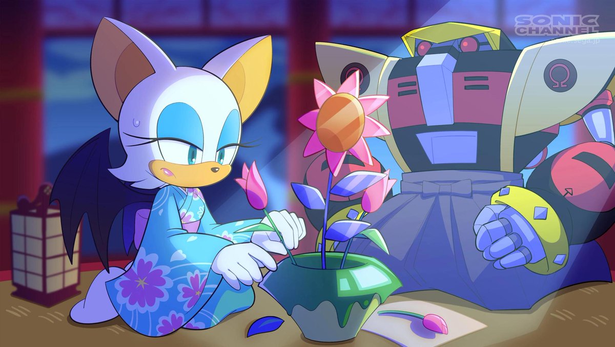 Sonic_Hedgeblog's tweet photo. Artwork of Rouge &amp; Omega flower arranging, from the Japanese Sonic Channel website in September 2023. https://t.co/xTPsTHkVh1