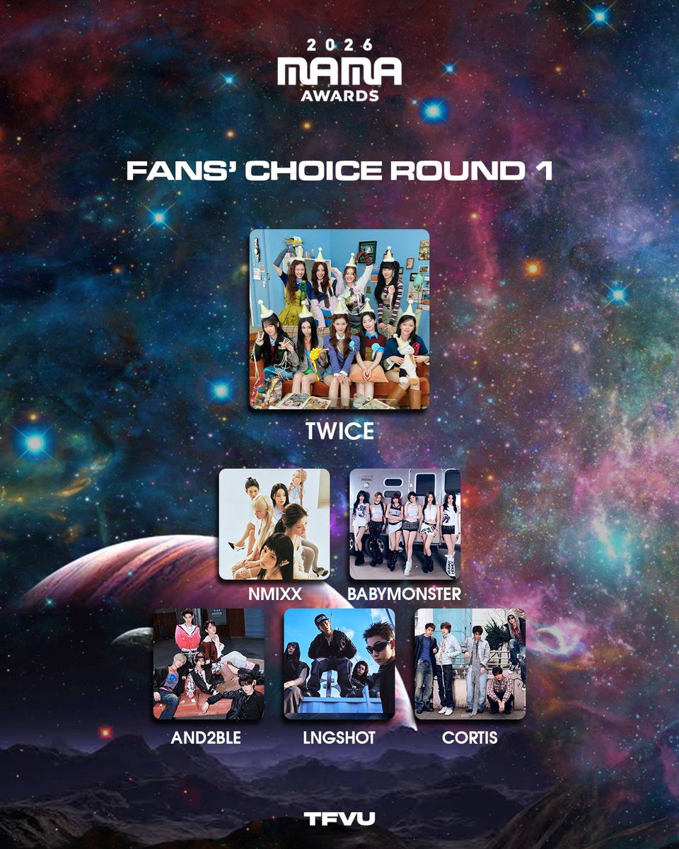 TFVUnion's tweet photo. MAMA FANS’ CHOICE ROUND 1 DAY 9

ONCEs, this is the best gift we can give TWICE for their 11th anniversary! 🍭

✅ Female: TWICE, NMIXX, BABYMONSTER
✅ Male: AND2BLE, CORTIS, LNGSHOT

🎯 1000 PROOFS ‼️

Please share your voting proofs with watermark & tags! Please check the artists you are voting for! 🙏

1 TWEET/RT = 1 VALID VOTE
I vote for #TWICE at #2026MAMAVOTE

TWICE 11TH ANNIVERSARY 
#트와이스와_빛의_시간을_건너
#One_In_A_Mi11ion