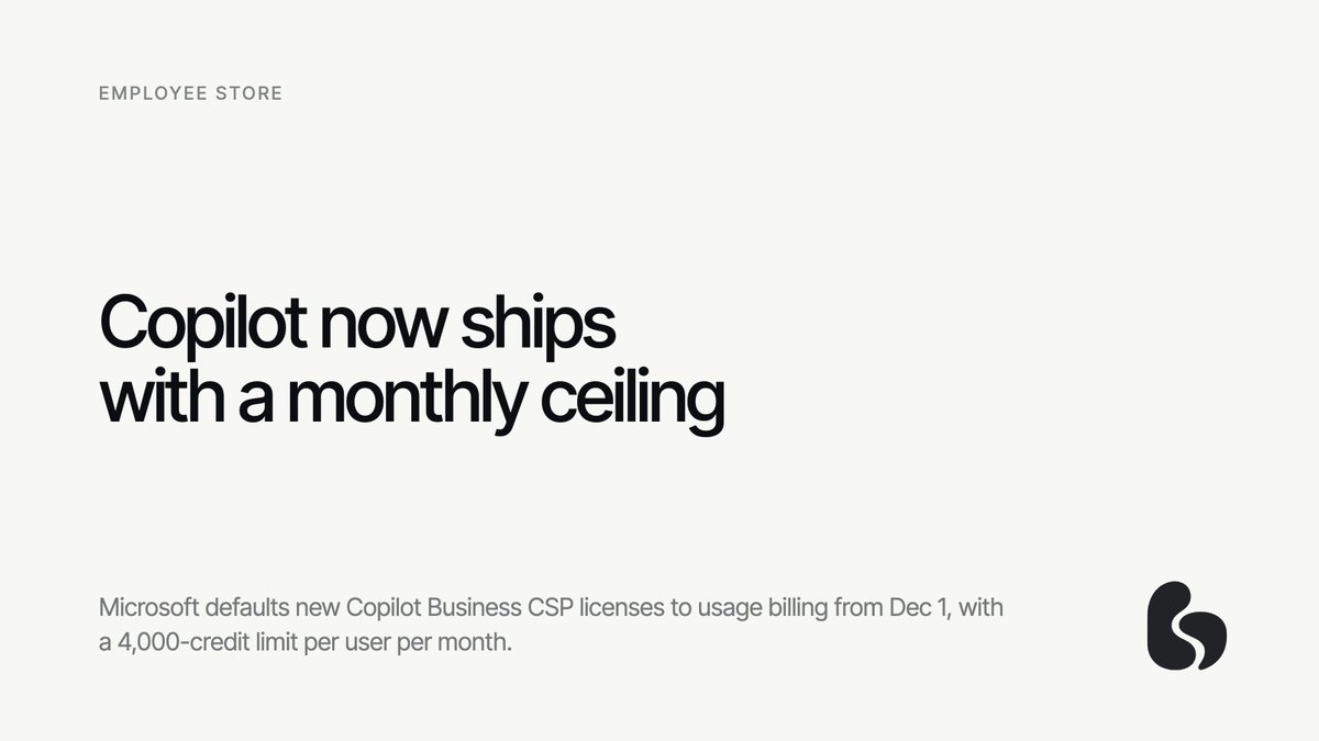 EmployeeStoreEN's tweet photo. per Microsoft Partner Center, Copilot Business via CSP defaults to usage billing from Dec 1, with a 4,000-credit monthly limit per user.

buyers of your agent will ask for a ceiling too.

Costs nothing until someone hires it. Browse what's listed first:
https://t.co/K8AkHNqaTm https://t.co/Po96L5rSbr