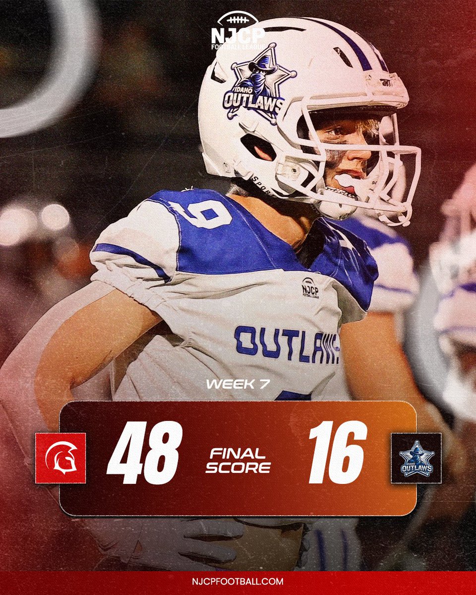 NJCP_Football's tweet photo. Week 7 Final: PNWCC 48, Idaho Outlaws 16. 🏈   

Not the result we wanted on the scoreboard, but the fight in the Idaho Outlaws never wavers. Stepping up to battle tough non-league opponents only builds stronger character and sharper execution for the stretch ahead.   

Shake it off, lock back in, and get ready to bounce back in Week 8! Drop some love for the Outlaws in the comments! 

👇💙🤍🔗 https://t.co/DNlh2xqWWp   #NJCP #NJCPFootball #IdahoOutlaws #FootballFamily #KeepFighting #Week7 #BuiltDifferent