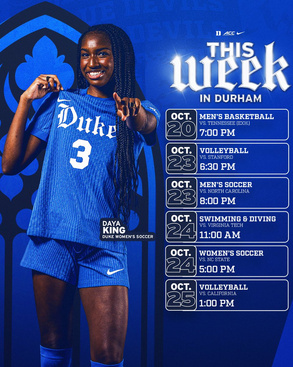 DukeATHLETICS's tweet photo. 𝐓𝐡𝐢𝐬 𝐖𝐞𝐞𝐤 𝐢𝐧 𝐃𝐮𝐫𝐡𝐚𝐦 🏀🏐⚽️🏊‍♀️🏊‍♂️

🎟️ https://t.co/Dy1kXAMgSS https://t.co/tFTBv4JRGy