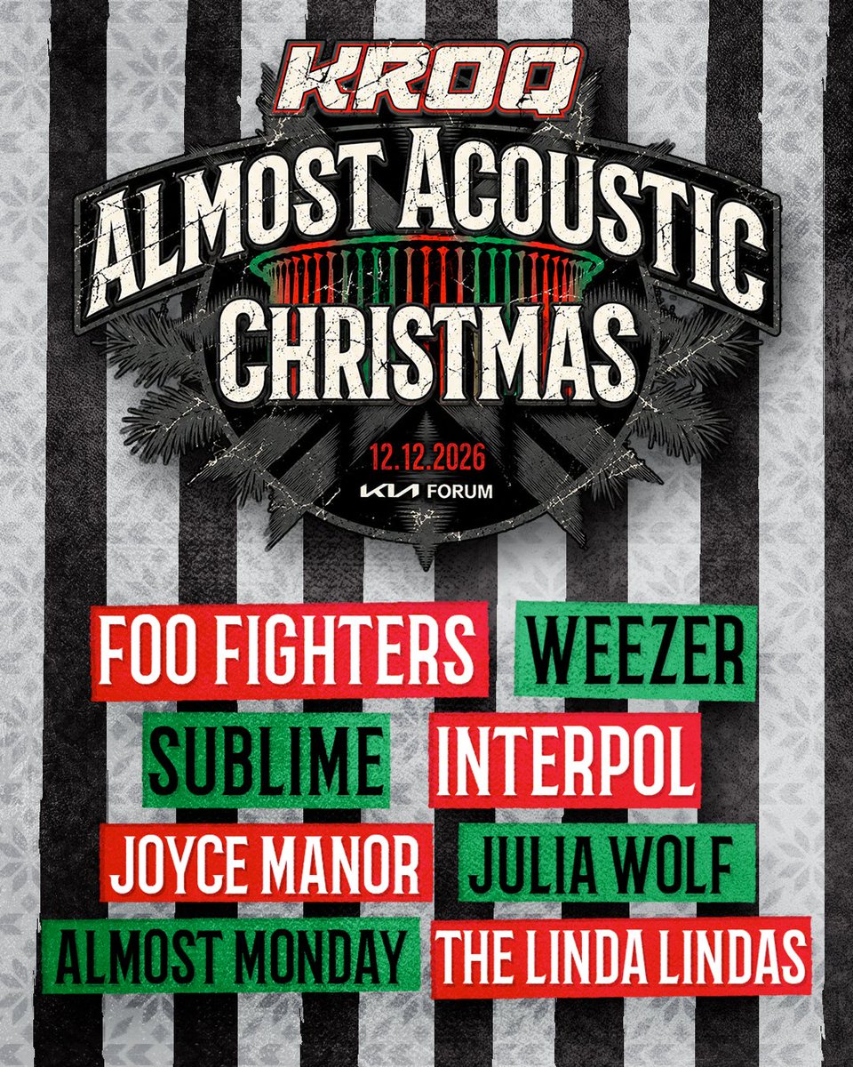 thekiaforum's tweet photo. Celebrating 35 years of KROQ @almostacoustic Christmas on Saturday, December 12 at the Kia Forum w/ @foofighters @Weezer @sublime @Interpol @JoyceManor @juliawolfnyc @ALMOSTMONDAYY & @thelindalindas! Tix on sale Friday, October 30 at 12pm PT benefiting @paralosninosorg & @wootencenter #KROQXMAS

https://t.co/h78peqdjsX