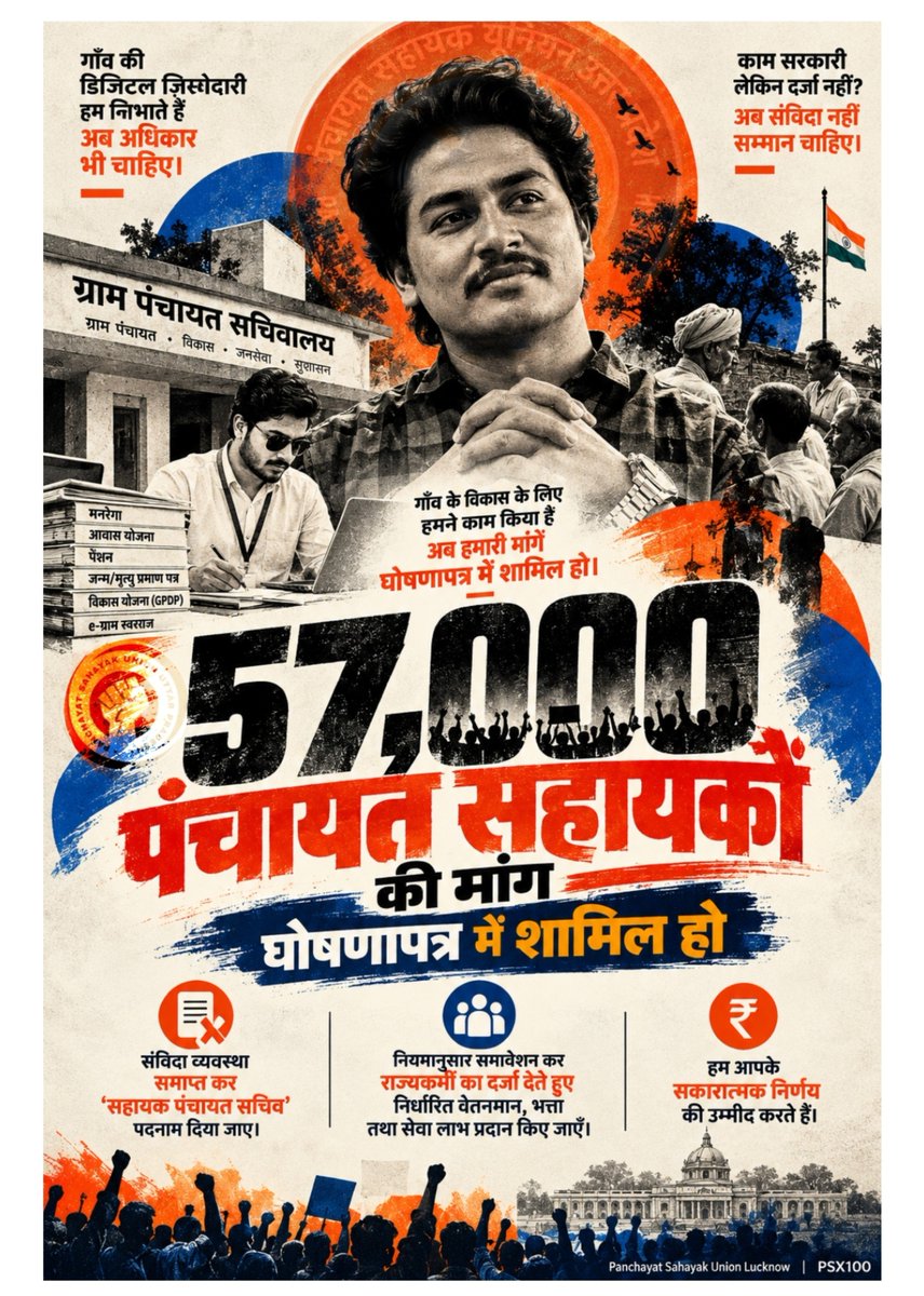 psunionup's tweet photo. उत्तर प्रदेश की समस्त पंचायतो में 57000 ग्राम पंचायत सचिवालयों के संचालक गांव के विकास की जिम्मेदारी निभाने वाले 57,000 पंचायत सहायकों को संविदा व्यवस्था समाप्त कर ‘सहायक पंचायत सचिव’पदनाम, नियमानुसार समावेशन और निर्धारित वेतनमान की मांग घोषणापत्र में शामिल करें।

@yadavakhilesh https://t.co/N4WiIKUzuU