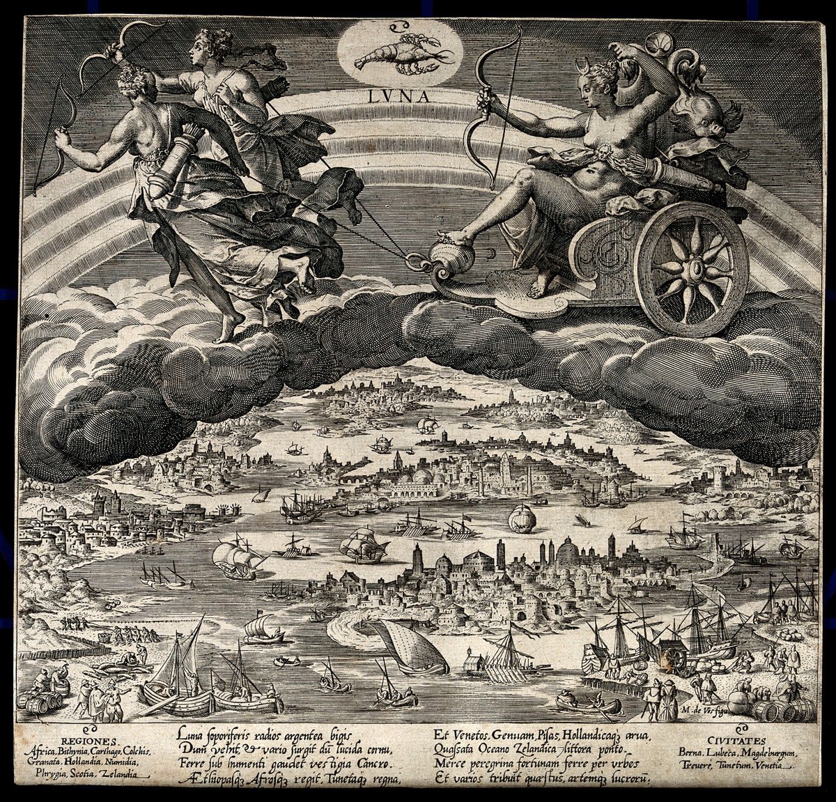 NativusAstro's tweet photo. The Moon from the planetary series of Marten de Vos, 1585.
"While silver Luna drives her rays in her sleep-bringing two-horse chariot, and rises shining with her changing horn, she delights to set her footsteps beneath the scorching Crab." https://t.co/QI2lf5KKwE
