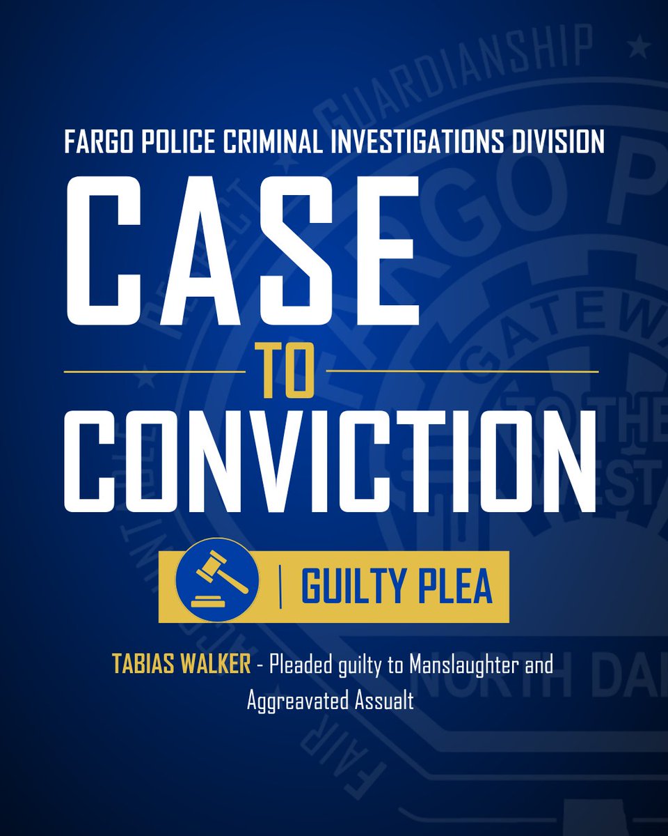 FargoPolice's tweet photo. The Fargo Police Department’s officers, investigators and regional partners recently brought a complex and serious assault case to resolution through diligent teamwork, persistence and outstanding police work.

On August 3, 2025, three serious incidents occurred in Fargo within a similar timeframe, including two homicides involving gun violence and a severe assault in downtown Fargo. It was an especially difficult and unsettling night for the community, with the incidents raising concerns about safety across the city. In the face of multiple serious incidents, Fargo Police officers and investigators remained focused on the work at hand, pursuing leads, gathering evidence and working to hold those responsible accountable.

In this case, at approximately 3:07 a.m., Fargo first responders and Cass County Sheriff’s deputies located an assault victim in the 300 block of Broadway with severe head injuries. The victim was transported to a local hospital for medical care. Due to multiple simultaneous critical incidents, no Fargo Police units were available to respond at the time of the initial call. FPD investigators took up the case after being notified of the assault and the extent of the victim’s injuries the following day, when the victim’s family contacted the department.

Over the days that followed, FPD officers, detectives and the Intelligence & Analysis Unit pieced together the incident through extensive video review, evidence collection and community tips. Investigators identified two persons of interest and conducted a detailed timeline analysis using downtown surveillance cameras. The investigation indicated the victim had been struck in the head with a skateboard by one of the persons of interest. A public request for assistance generated leads, including an anonymous Tip411 submission that helped identify the suspects.

Working collaboratively with the Metro Street Crimes Unit, Moorhead Police Department and other partners, investigators conducted surveillance, interviews and multiple search warrants. Critical evidence, including clothing, footwear and the skateboard used in the assault, were recovered as the investigation progressed. Detectives ultimately located and arrested the primary suspect, identified as 20-year-old Tabias Walker, at his workplace in Moorhead, Minnesota, without incident.

Thanks to the dedication, long hours and coordinated efforts of the detectives and investigators involved, along with the work of our partners at the Cass County State’s Attorney’s Office, the case was thoroughly investigated and advanced, leading to formal charges of manslaughter. On October 12, 2026, Walker was sentenced to 10 years in prison, with nine years to serve followed by three years of supervised probation.

This investigation reflects the professionalism, persistence and commitment to justice our team brings to their work, even when multiple critical incidents demand attention at the same time. From the moment we began working on this case, to the investigative work that followed and the eventual conviction, this case demonstrates the importance of thorough police work, collaboration and the community’s assistance in helping move a case forward. We are proud of the teamwork displayed throughout this investigation and extend our deepest sympathies to the victim’s family and friends as they continue to navigate this tragedy.