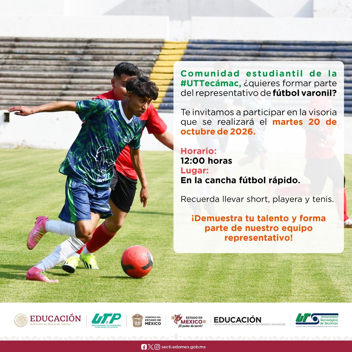 UTTECoficial's tweet photo. ⚽🦉 ¡Tu talento merece una oportunidad! Participa en la visoria del representativo de fútbol varonil.
📅 20 de octubre de 2026
🕛 12:00 h
📍 Cancha de fútbol rápido
👕 Lleva short, playera y tenis.
#UTTEC #SomosLechuzos #OrgulloUTTEC https://t.co/DiW6B0aDR0