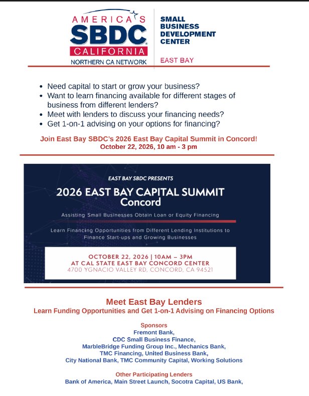 TheGoatAdjacent's tweet photo. Nineteen Cities. One Region. One Mission: Helping Contra Costa Businesses Access Capital!

Calling all entrepreneurs, small business owners, and aspiring business leaders throughout Contra Costa County! The 2026 East Bay Capital Summit is coming to Concord on October 22, and were inviting businesses from across the region to take advantage of this opportunity to connect with lenders, explore financing options, and access resources to start, sustain, and grow their businesses. One of the most powerful aspects of economic development is recognizing that collaboration is greater than competition. From City of Pleasant Hill, City of Martinez, City of Antioch, City of Walnut Creek, City of Concord, City of El Cerrito, City of Brentwood, CA, City of Pittsburg, and City of Pinole, our communities share a common goal: building a stronger, more inclusive regional economy by helping local businesses access the capital and resources they need to succeed. As the Economic Development Manager for the City of Pleasant Hill, I believe our greatest opportunities emerge when we work across municipal boundaries to connect entrepreneurs with the institutions, expertise, and investment that can help them thrive. Hosted by the East Bay SBDC, the Capital Summit offers

Access to Capital: Explore loan and equity financing opportunities for startups and established businesses.

Meet the Lenders: Connect directly with financial institutions and capital providers. 

Business Growth Resources: Learn about financing options for different stages of business development

One-on-One Advising: Discuss your financing needs with professionals who can help you evaluate your options.Event Details📅 Thursday, October 22, 2026🕙 10:00 AM – 3:00 PM📍 Cal State East Bay Concord Center4700 Ygnacio Valley Road, Concord, CA 94521

Whether you're launching your first business, expanding an existing operation, or exploring your next growth opportunity, this event is designed to help you move forward. Economic opportunity doesnt stop at city limits, and neither should our efforts to support entrepreneurs. I encourage our business communities across all nineteen cities—and throughout Contra Costa County—to come together, build relationships, and take advantage of this regional resource. Lets continue building an East Bay economy where access to capital, entrepreneurship, and opportunity are available to businesses in every community.#EastBayCapitalSummit #ContraCostaCounty #EconomicDevelopment #AccessToCapital #SmallBusinessDevelopment #EastBaySBDC #PleasantHill #Martinez #Antioch #WalnutCreek #ConcordCA #ElCerrito #BrentwoodCA #PittsburgCA #Pinole #RegionalCollaboration #Entrepreneurship #SmallBusinessGrowth
