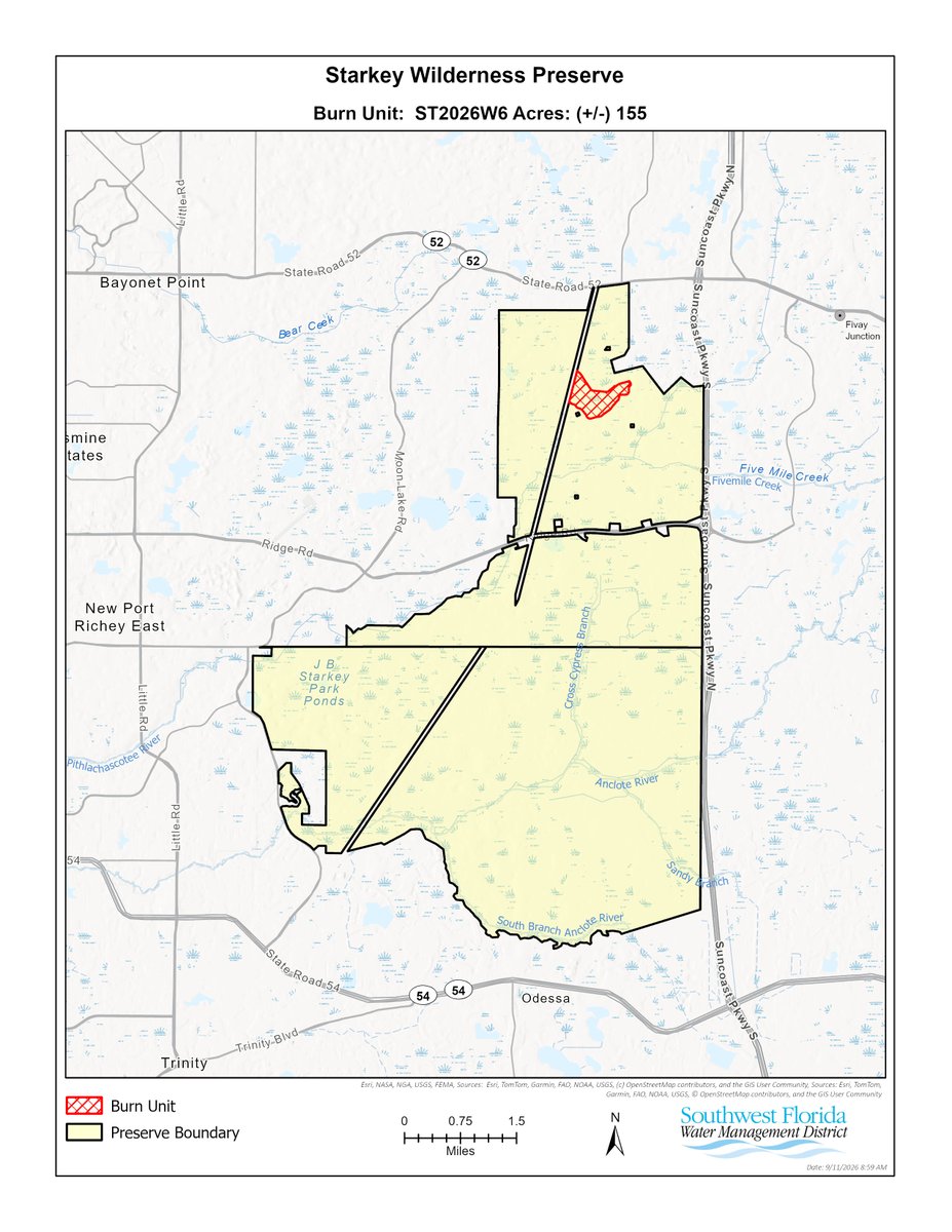SWFWMD's tweet photo. Conditions permitting, District staff will conduct a 155-acre prescribed fire at Starkey Wilderness Preserve, Serenova Tract in Pasco County at 10:30 a.m. tomorrow, Oct. 20. The burn unit is located 1.25 mi west of Suncoast Pkwy, 0.5 mi south of SR 52 and 2 mi north of Ridge Rd. https://t.co/aMkXw6bnIQ