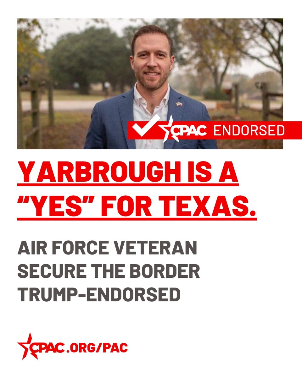 CPACActionPAC's tweet photo. CPAC Endorsed JACE YARBROUGH for U.S. House (TX-32) 🇺🇸 https://t.co/ZaJOa1GBAi