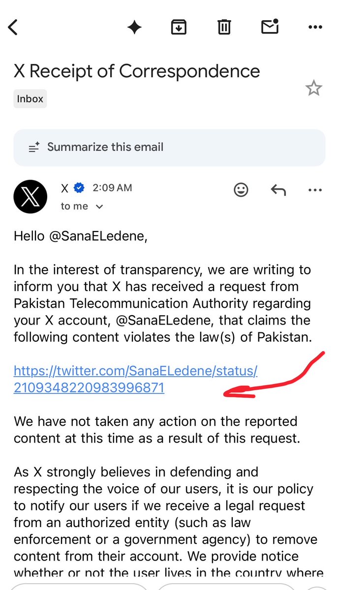 SanaELedene's tweet photo. ‼️Just got an email that basically says I’ve pissed off Pakistani authorities, which means an authorized entity (such as law enforcement or a government agency) has filed a request with X to remove my post.

Why? Because I wrote about child marriage in Islam and in Islamic countries.

So while Western progressives and liberals (people like Jessica Tarlov) call us “Islamophobic,” shame us, and attack us, actual Islamic institutions and Muslim governments harass, target, and try to silence us.
What are we supposed to do? Which planet are we allowed to go to if we want to talk about this?

"we are writing to inform you that X has received a request from Pakistan Telecommunication Authority regarding your X account"
" it is our policy to notify our users if we receive a legal request from an authorized entity (such as law enforcement or a government agency) to remove content from their account."