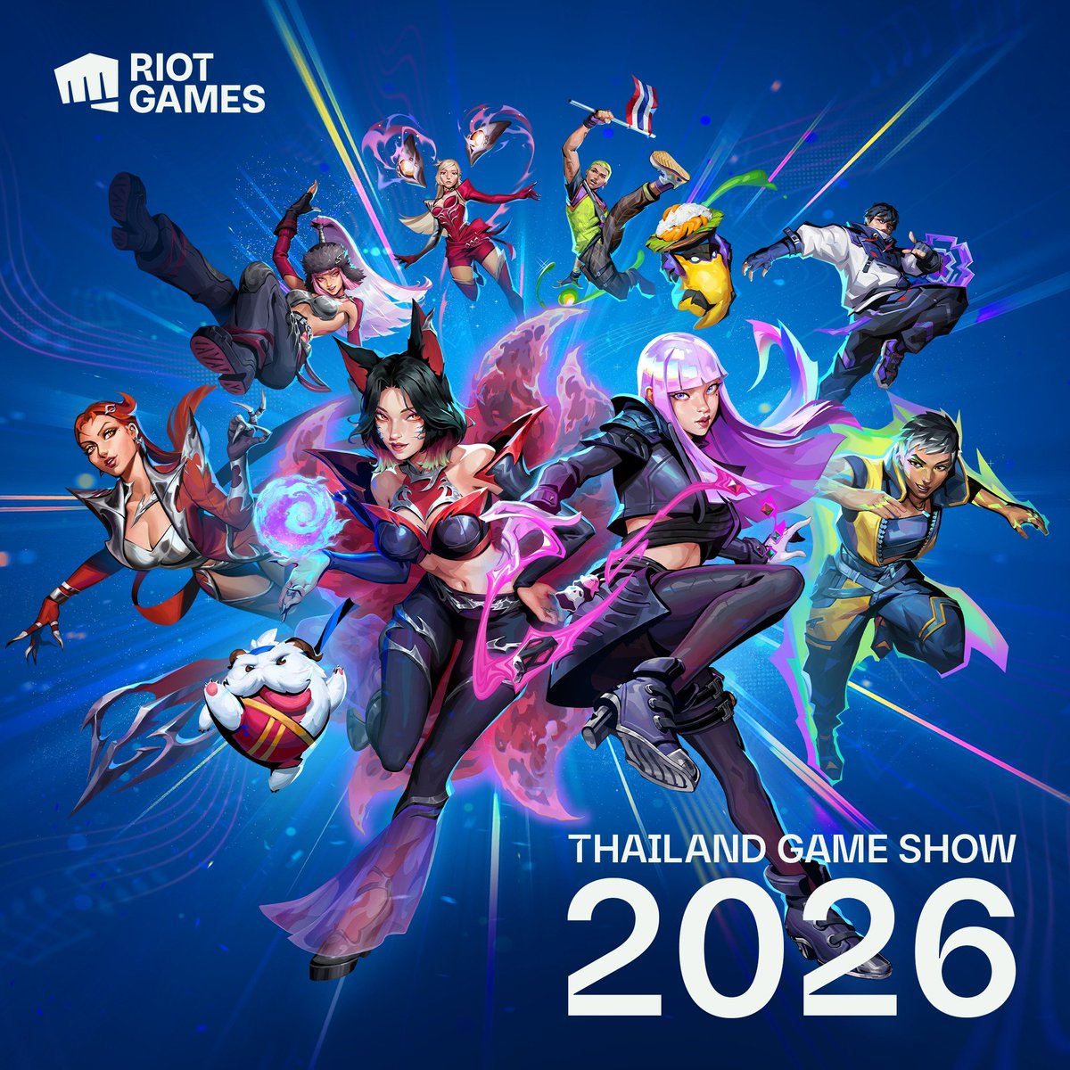 HeyShuggie's tweet photo. 🇹🇭 | ARTE PROMOCIONAL DA TAILANDIA

⇒ Confira a arte promocional para o Thailand Game Show 2026 com a Ahri, Evelynn, Akali e Kai'Sa K/DA FIRESTARTER, com a Hush, a nova agente do Valorant (e demais agentes).
