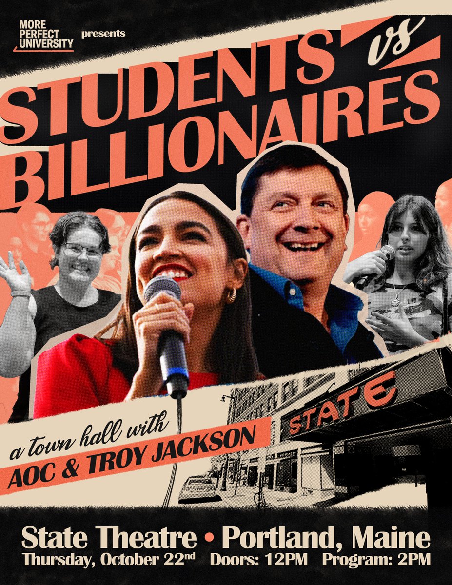 MPUniversityUS's tweet photo. Our Students vs. Billionaires Town Hall ft. @AOC and @TroyJackson207 is THIS Thursday in Portland, Maine. 

RSVP: https://t.co/MZWJVvmTii https://t.co/7L9C8foKyn