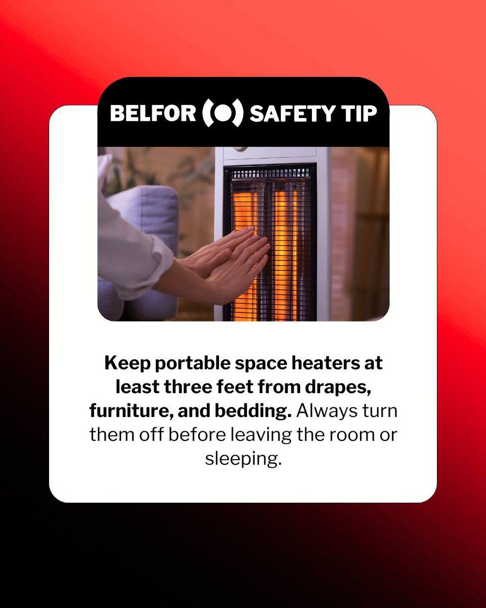 BELFORGroup's tweet photo. Stay warm and safe this season! Keep portable space heaters at least three feet from drapes, furniture, and bedding, and always turn them off before leaving the room or sleeping.
#BELFOR #SafetyFirst #HomeSafety #WinterSafety https://t.co/Dm9RS6ETMN