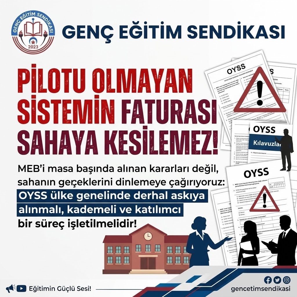 mfaarslan's tweet photo. Pilotu olmayan sistemin faturası sahaya kesilemez! MEB’i masa başında alınan kararları değil, sahanın gerçeklerini dinlemeye çağırıyoruz: OYSS ülke genelinde derhal askıya alınmalı, kademeli ve katılımcı bir süreç işletilmelidir!
#OYSSAskıyaAlınsın #SahanınSesiniDuyMEB #EğitimdeOrtakAkıl
