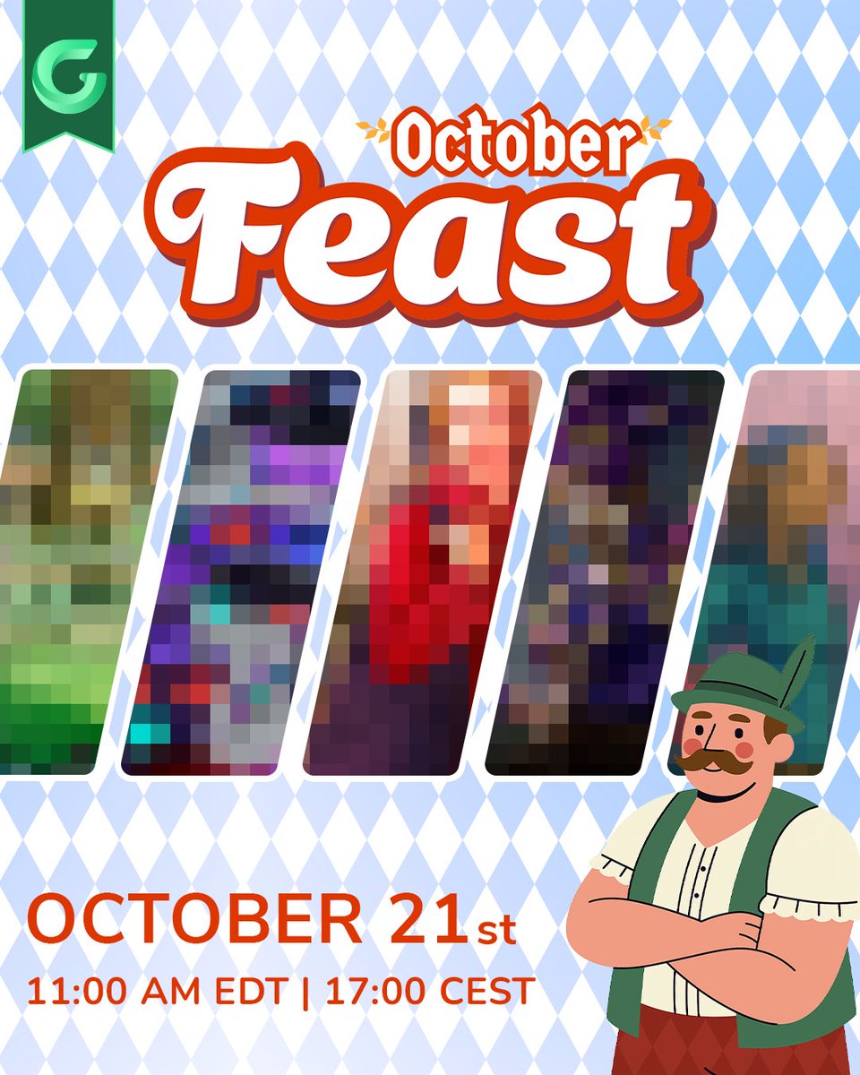 gamefound's tweet photo. 🥨 The October Gamefound Feast is coming!

Get ready for fresh game reveals, familiar creators, and a few new faces. Any guesses? 👀

📅 October 21
⏰ 11:00 AM EDT / 5:00 PM CEST

Click the bell to get notified!
https://t.co/mVf0Hif94p
#Feast #SPIEL https://t.co/oMY09bGtRg