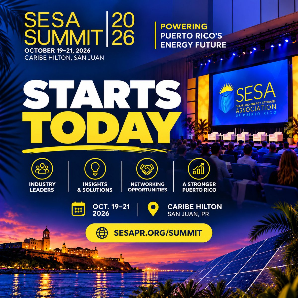 SESA_PR's tweet photo. ⚡ SESA Summit 2026 STARTS TODAY! 🇵🇷

Three days of innovation, industry leaders, and powerful connections shaping Puerto Rico’s energy future!

📅 Oct. 19–21
📍 Caribe Hilton, San Juan

🚀 Join us! https://t.co/LFbm2KCYKg

#SESASummit2026 https://t.co/XSIeimDt4k
