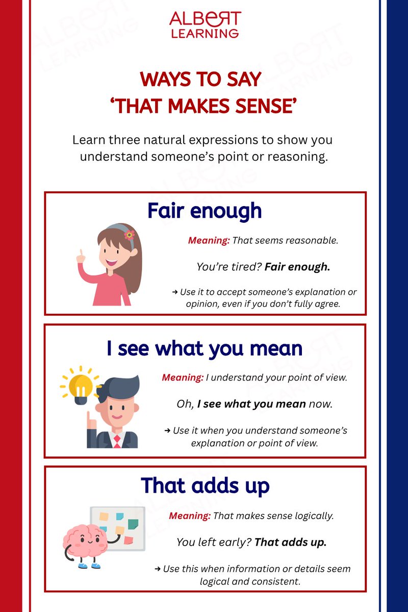 Albert_Learning's tweet photo. 💬 Want to sound more natural in #English conversations?

Instead of always saying “That makes sense,” try these three expressions!

Small changes in the way you speak can make your everyday conversations more fluent and confident!

📌 Save this post and keep learning! https://t.co/A7YkrqZQXc