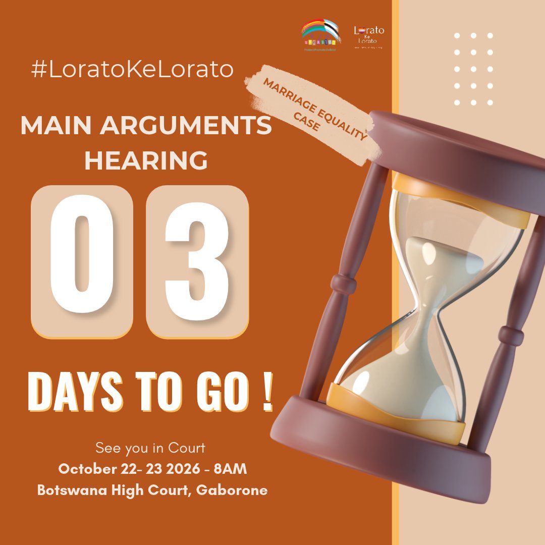 legabiboadvo's tweet photo. THE ONLY DATES THAT MATTER: 22β23 OCTOBER! βοΈπ³οΈβππ§πΌ
Batswana, SHOW UP! Join us at the Botswana High Court, Gaborone, for the #3rdApplicant main arguments hearing as we stand for love, dignity, botho and equality.
#LEGABIBO #LoratoKeLorato #MarriageEquality #3rdApplicant https://t.co/KAYCVAzinU