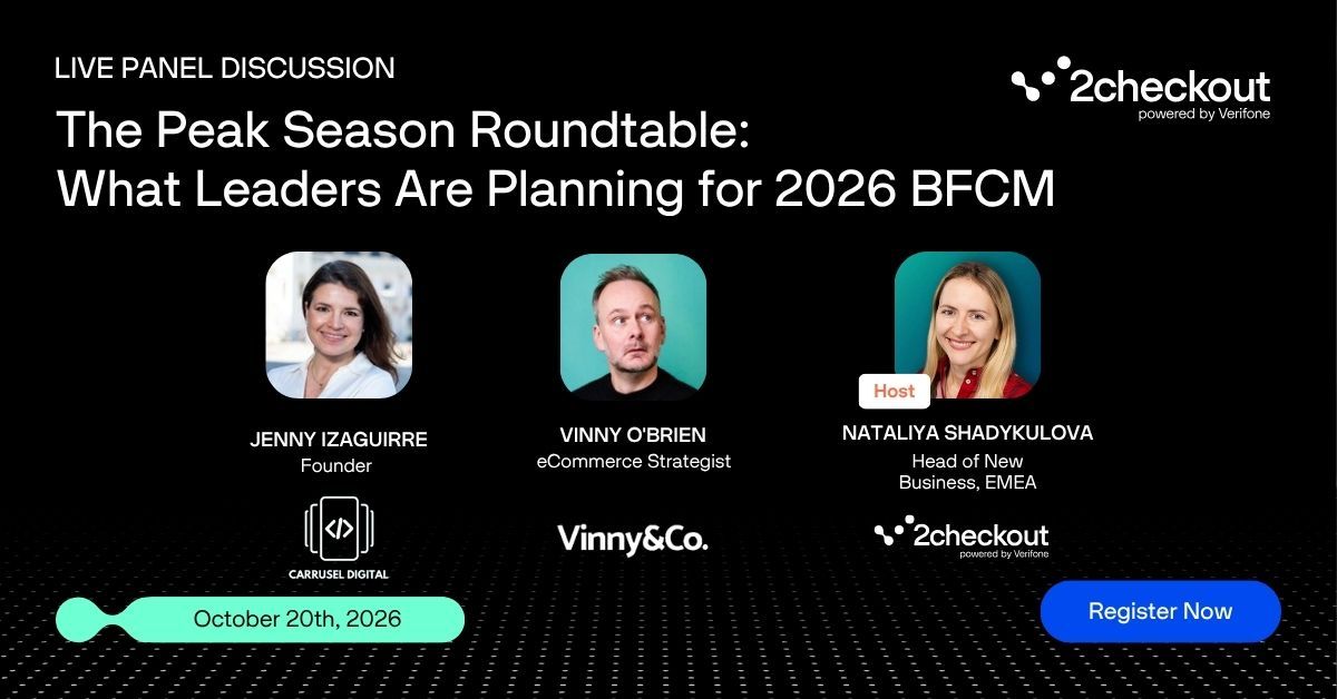 2Checkout's tweet photo. Tomorrow: The Peak Season Roundtable. Vinny O’Brien and Jenny Izaguirre share what they are planning for BFCM 2026, from ad spend to retention to AI. Live Q&amp;A included. 

It's still time to register 🔗 https://t.co/AHQJf85hEK https://t.co/ZvCswHWPbP