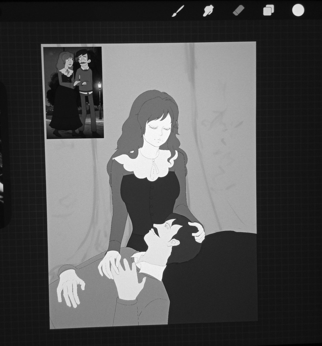 nyx1032's tweet photo. I love this couple so much! 🖤✨ But wait a little longer, this fan art isn't fully colored yet! 🎨 #hauntedhotelfanart https://t.co/YOHDCcQX05
