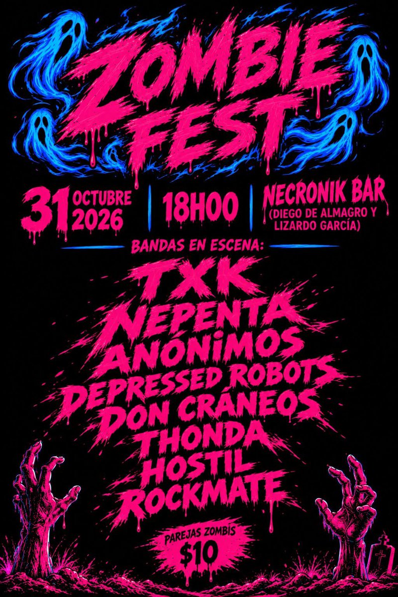 MiletoEc's tweet photo. Este 31/oct @necronikrestobar #UIO "#zombiefest 2026" juntos @txk.ec * @nepenta_rapcore * @losanonimosband * #depressedrobots  * @doncraneosbanda * @thondatheband * @hostilec y @rockmateec en VIVO!! https://t.co/S6DVvU8X4x