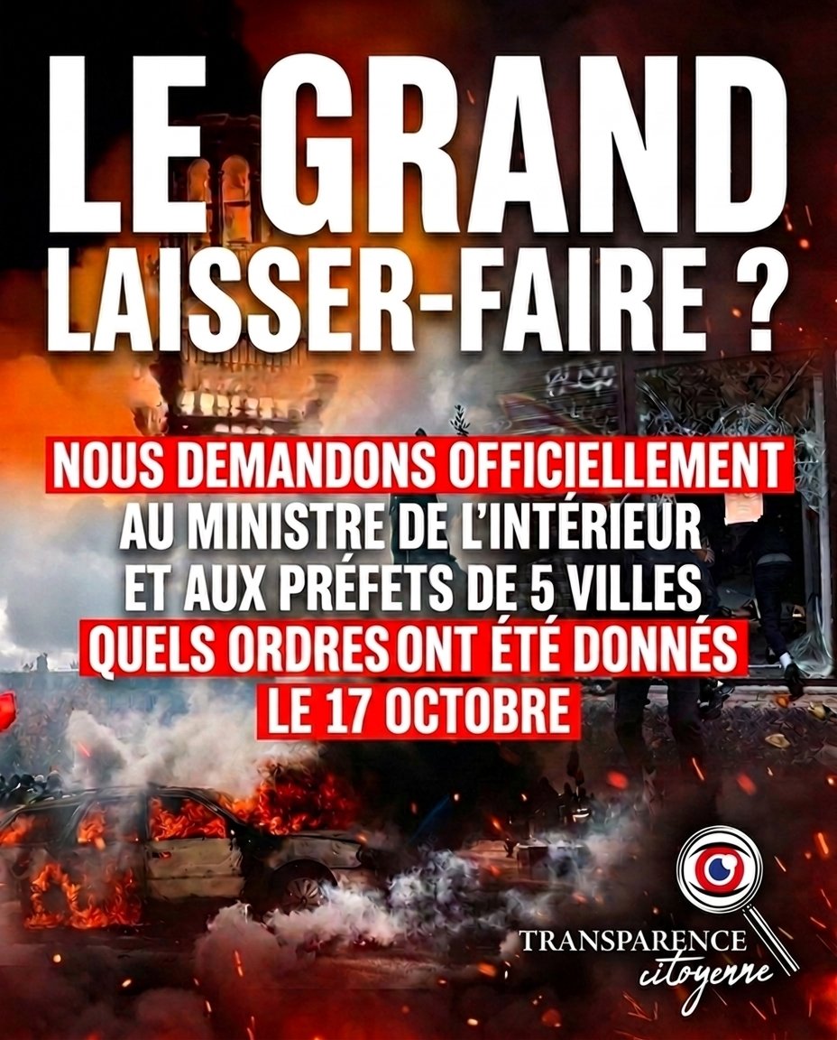 TransparenceCit's tweet photo. 🚨NOUS DEMANDONS OFFICIELLEMENT AU MINISTRE DE L’INTÉRIEUR ET AUX PRÉFETS DE 5 VILLES QUELS ORDRES ONT ÉTÉ DONNÉS LE 17 OCTOBRE🚨

Une manifestation nationale était prévue depuis plusieurs jours. 
En marge des cortèges, des milliers de casseurs et pilleurs ont saccagé et pillé des commerces à travers la France, blessant des centaines de gendarmes, policiers, pompiers et citoyens.

De nombreux commerçants déclarent s’être sentis abandonnés par les forces de l’ordre.

À Limoges, l’hôtel de ville, incendié, et en grande partie perdu. Le maire dénonce un manque de moyens des forces de l’ordre.

À Marseille, des casseurs sont entrés dans la mairie. Le maire Benoît Payan demande : “Je veux savoir quels ordres leur ont été donnés”.

Des internautes ont aussi filmé des pilleurs sortir de magasins sans que des policiers, parfois à quelques mètres, interviennent.
----------

NOS DEMANDES AU MINISTRE DE L’INTÉRIEUR
👉les éventuelles circulaires relatives au maintien de l'ordre sur le territoire national le 17 octobre 2026 ;
👉les documents allouant les forces et répartissant les moyens humains sur le territoire national le 17 octobre 2026 ;
👉 la dernière version des doctrines de maintien de l'ordre applicable aux différentes unités mobilisées sur le territoire national le 17 octobre 2026.

Si certaines mentions de ces documents n'étaient pas communicables, notamment au regard de l'article L. 311-5 du code des relations entre le public et l'administration, nous lui demandons de nous transmettre ces documents en occultant lesdites mentions.
----------

NOS DEMANDES AUX PREFETS
Nous demandons aux préfets des départements de Limoges, Paris, Marseille, Bordeaux et Nantes :
👉le document vous informant des moyens humains volants (CRS et gendarmes mobiles) affectés dans votre département le 17 octobre 2026 ;
👉le document récapitulant les forces dont vous disposiez pour assurer l'ordre public le 17 octobre 2026 dans votre département ;
👉le document résumant les membres de forces de l'ordre blessés lors de leurs missions le 17 octobre 2026.
 👉les consignes adressées aux forces de l'ordre intervenant dans votre département le 17 octobre 2026.
----------

Si vous souhaitez soutenir le travail de l'association par un don ou en adhérant : https://t.co/I40lnpaLCY