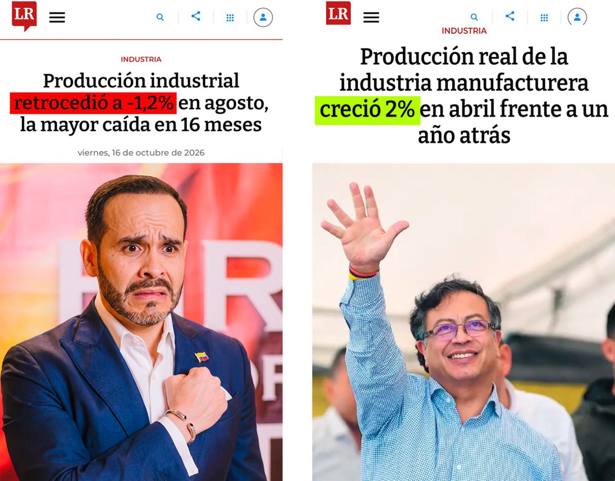 aleomanao's tweet photo. Con Petro la industria cerró el primer semestre creciendo al 3,9 % (máximo en dos años) y en agosto de 2025 tanto la producción (+1,1 %) como las ventas (+0,9 %) iban al alza.

Llega el “gobierno de los empresarios” y en dos meses desploma todo:
🔻Producción industrial: -3,7 %
🔻Ventas: -3,5 %
🔻29 de 39 sectores en rojo y fin a 25 meses seguidos creando empleo.

En tiempo récord lograron que el presidente de la ANDI renunciara por falta de garantías y que la industria encadenara 2 meses seguidos de desplome

Llegó la patria miseria.